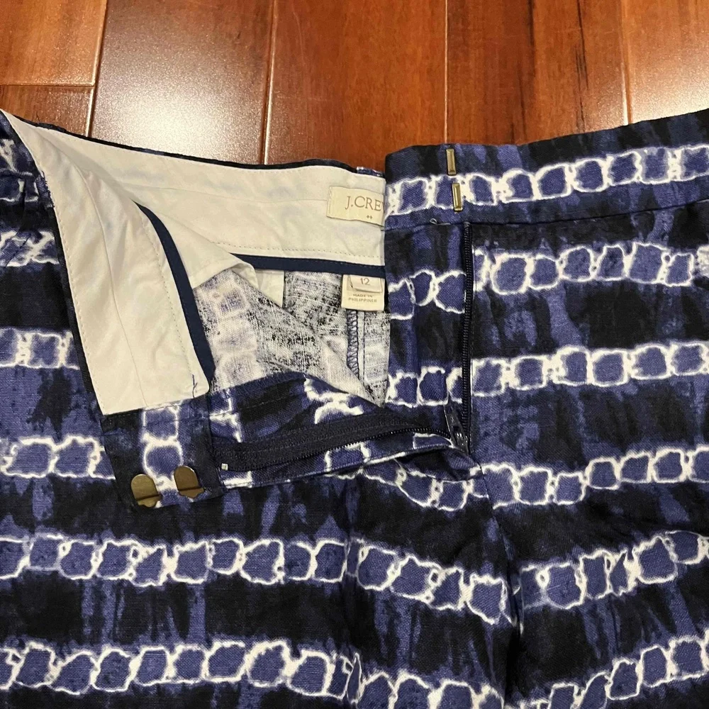 J Crew Blue White Shorts Linen Cotton Tie Dye Geo Pattern Zip Hook Closure Sz 12